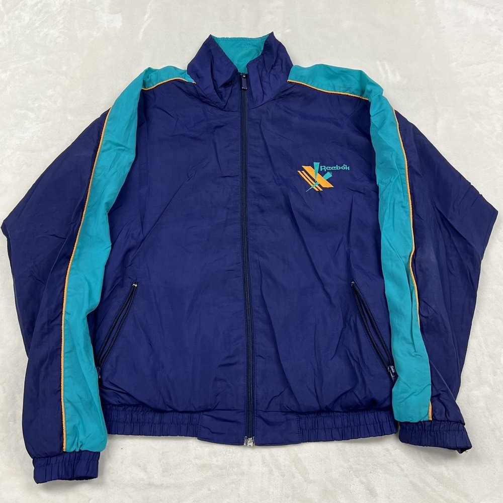 Reebok Windbreaker Jacket Unisex Small Navy Blue Teal Vintage 90s Colorblock